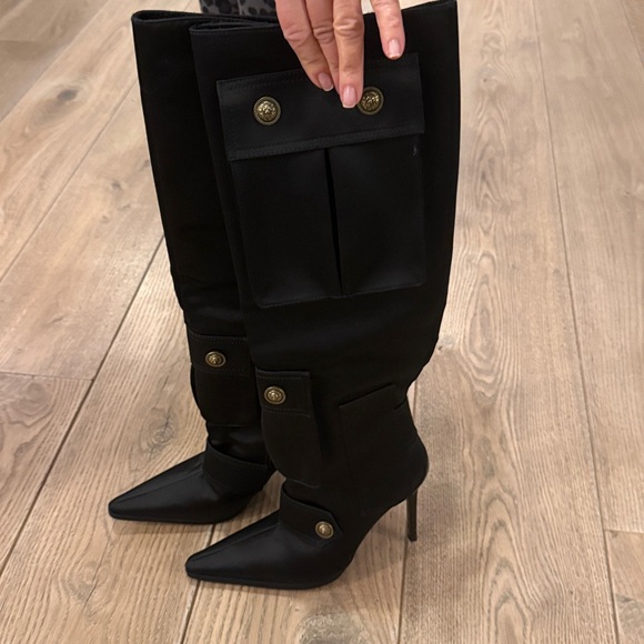 Jeffrey Campbell Pocketed Black Satin Stiletto Heel Embellished Pointed Boot - Picture 2 of 4